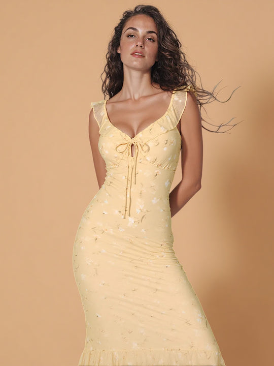 Robe Camille – Finesse Florale en Jaune Miel