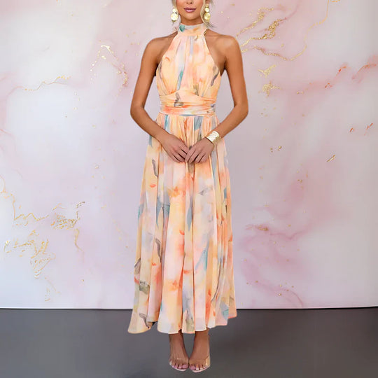 Robe Aquarelle Éthérée – Col Halter Pastel