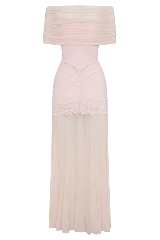 Caspian Blush – Off-Shoulder Mesh Dress