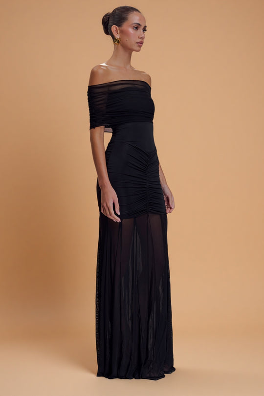 Caspian Noir – Off-Shoulder Mesh Gown