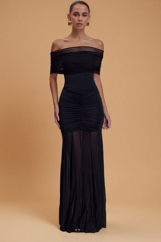 Caspian Noir – Off-Shoulder Mesh Gown