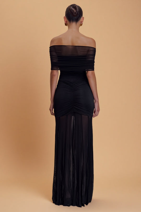 Caspian Noir – Off-Shoulder Mesh Gown