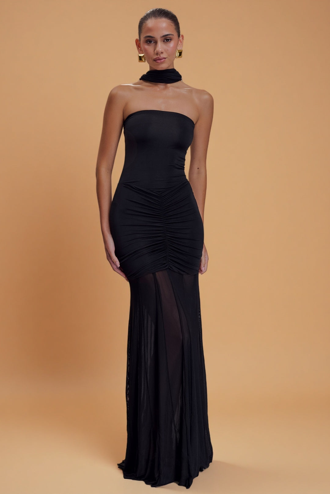 Caspian Noir – Off-Shoulder Mesh Gown