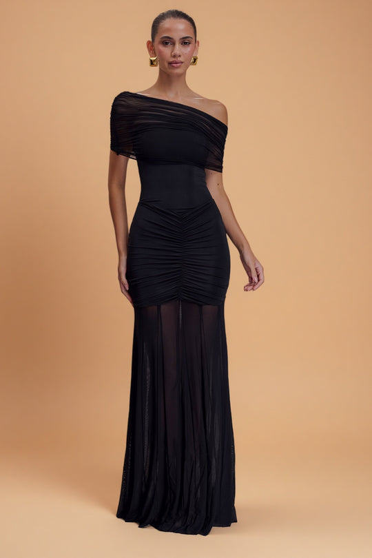 Caspian Noir – Off-Shoulder Mesh Gown