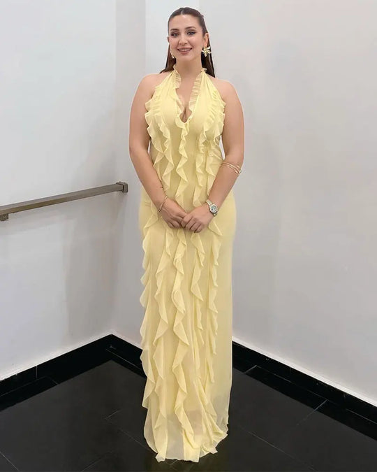 Robe Soleil d’Or – Volants Élégants & Couleurs Chaudes