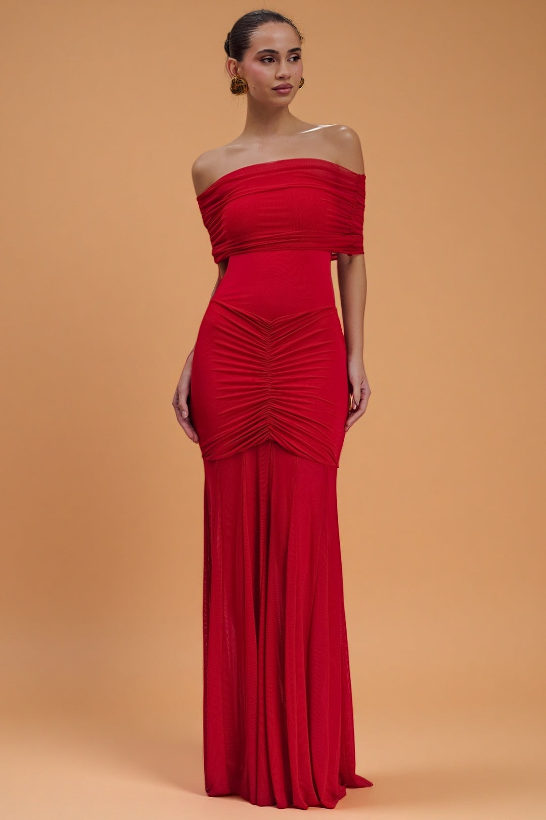 Caspian Ruby – Off-Shoulder Mesh Gown
