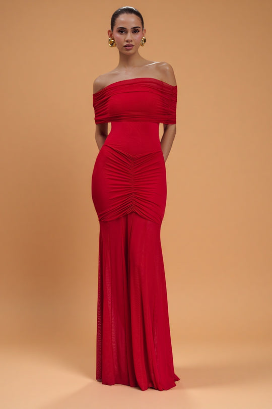 Caspian Ruby – Off-Shoulder Mesh Gown