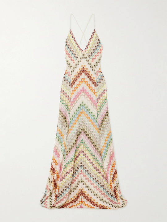 Robe Soleil en Maille – Dos Nu & Motif Chevron