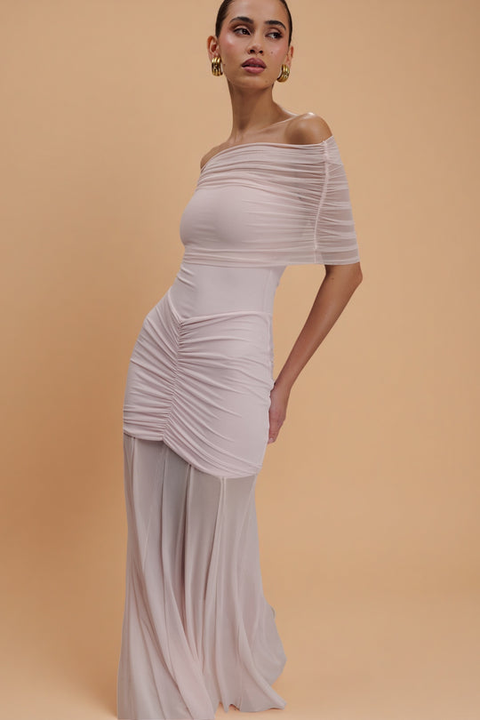 Caspian Blush – Off-Shoulder Mesh Dress