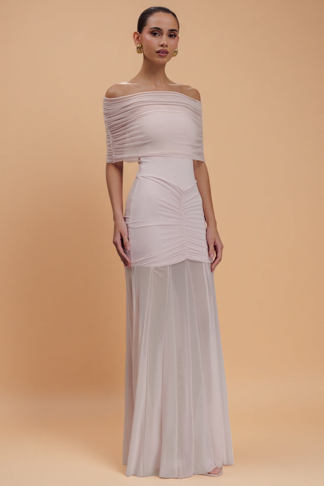 Caspian Blush – Off-Shoulder Mesh Dress