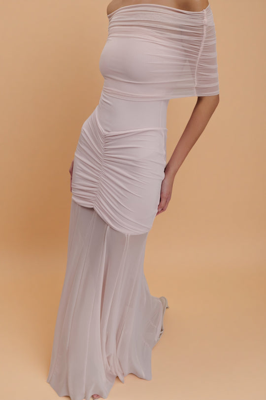Caspian Blush – Off-Shoulder Mesh Dress