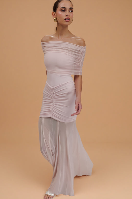 Caspian Blush – Off-Shoulder Mesh Dress