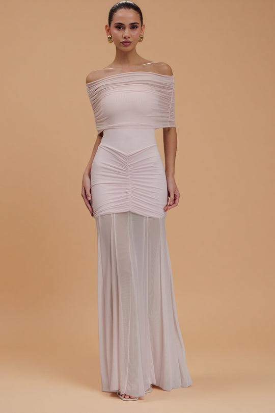 Caspian Blush – Off-Shoulder Mesh Dress