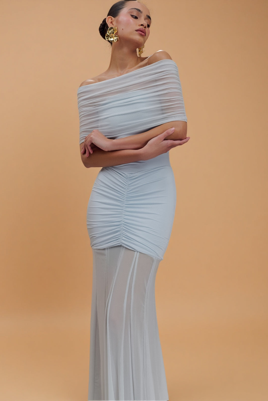 Caspian Off-Shoulder Mesh Maxi Dress