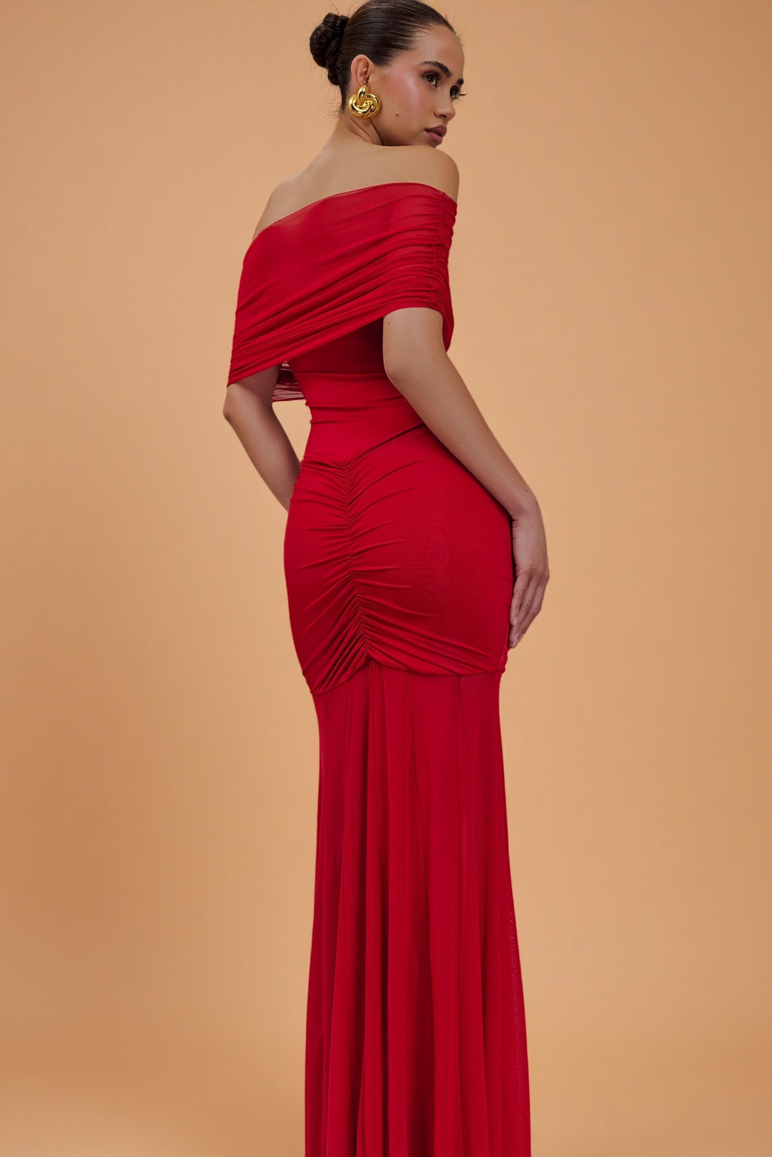 Caspian Ruby – Off-Shoulder Mesh Gown