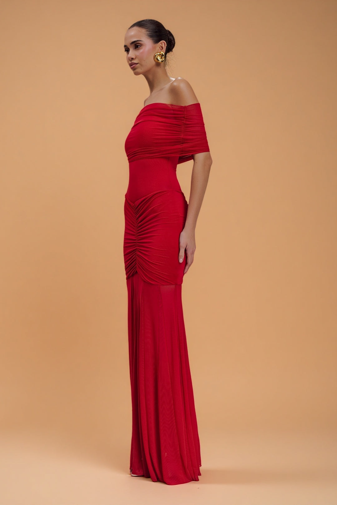Caspian Ruby – Off-Shoulder Mesh Gown