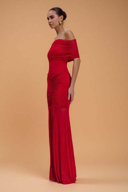 Caspian Ruby – Off-Shoulder Mesh Gown