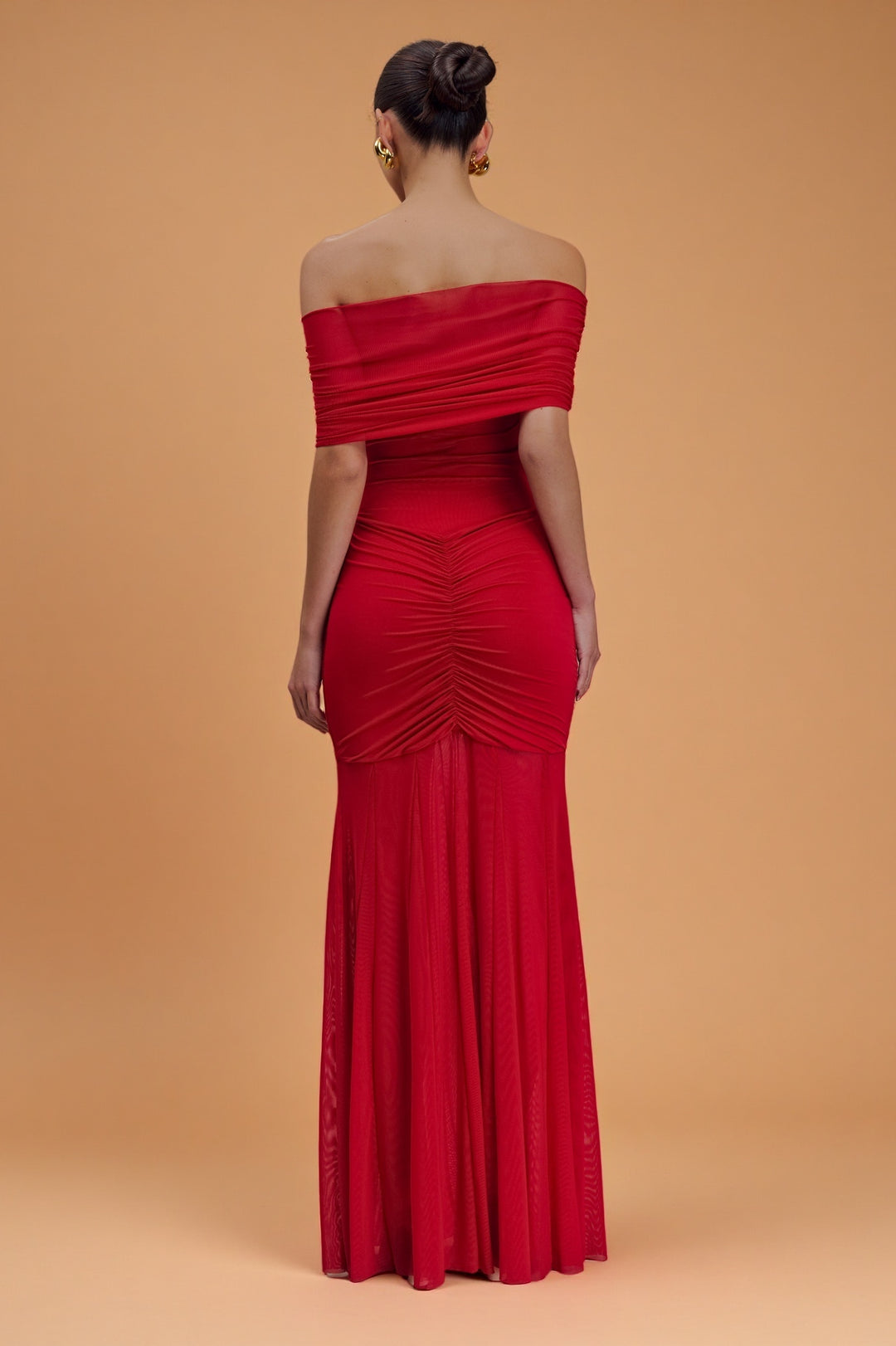 Caspian Ruby – Off-Shoulder Mesh Gown