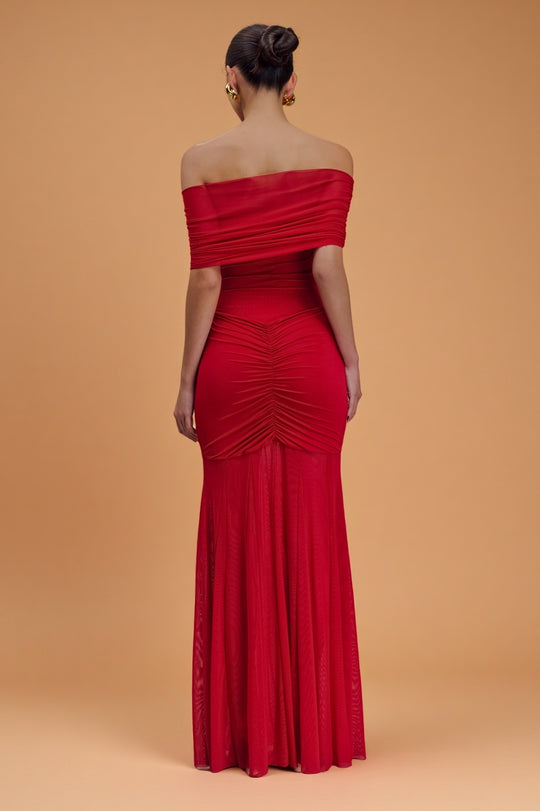 Caspian Ruby – Off-Shoulder Mesh Gown