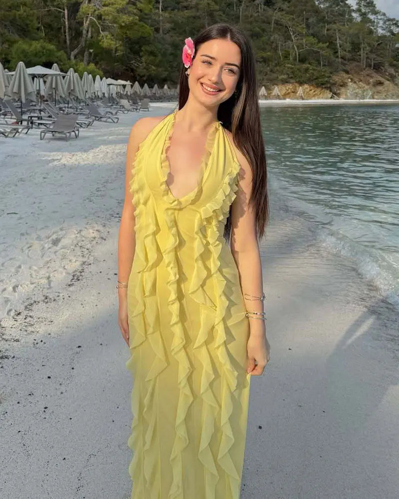 Robe Soleil d’Or – Volants Élégants & Couleurs Chaudes
