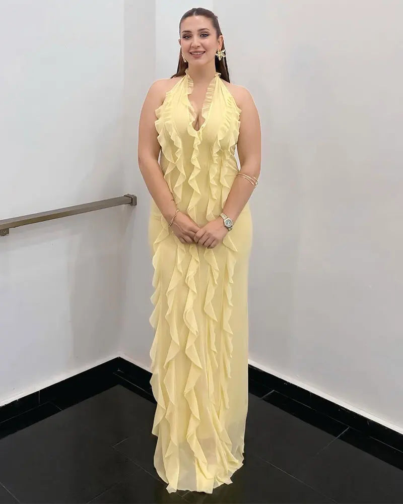 Robe Soleil d’Or – Volants Élégants & Couleurs Chaudes