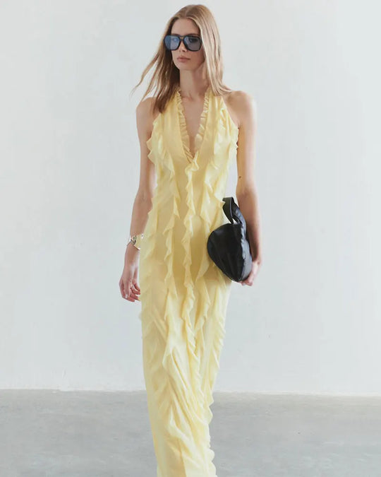 Robe Soleil d’Or – Volants Élégants & Couleurs Chaudes