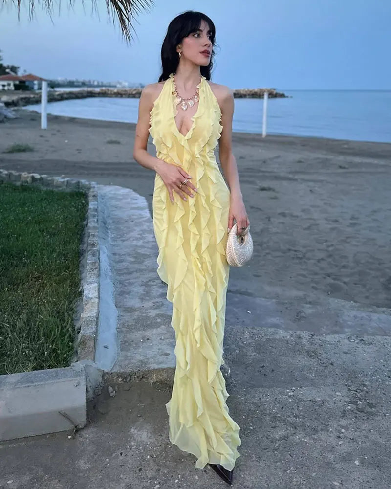Robe Soleil d’Or – Volants Élégants & Couleurs Chaudes